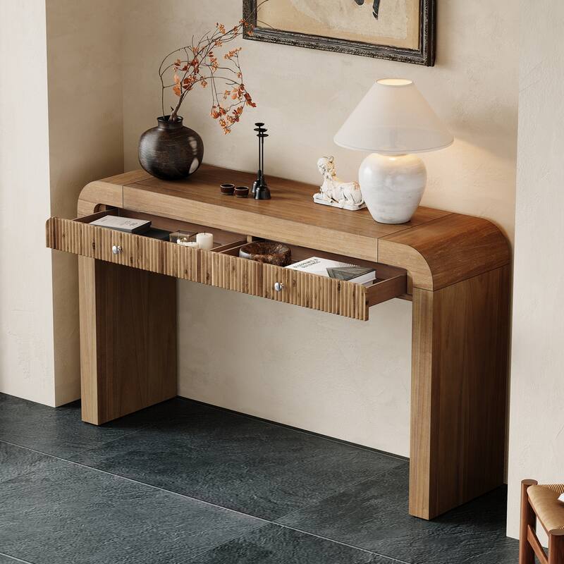 Wood Console Table Rectangular Sofa Table Behind Couch Table with 2 Drawer, Narrow Entryway Table Accent Table for Living Room - Natural