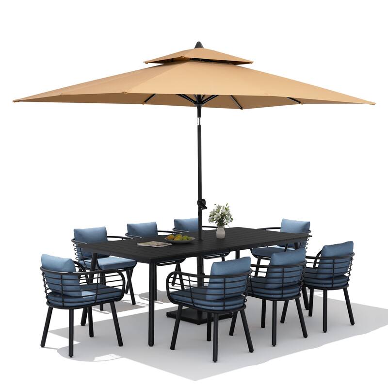 11PC Outdoor Patio Dining Set Aluminum Table with Sunbrella Cushion Chairs w/ Market Umbrella Sets