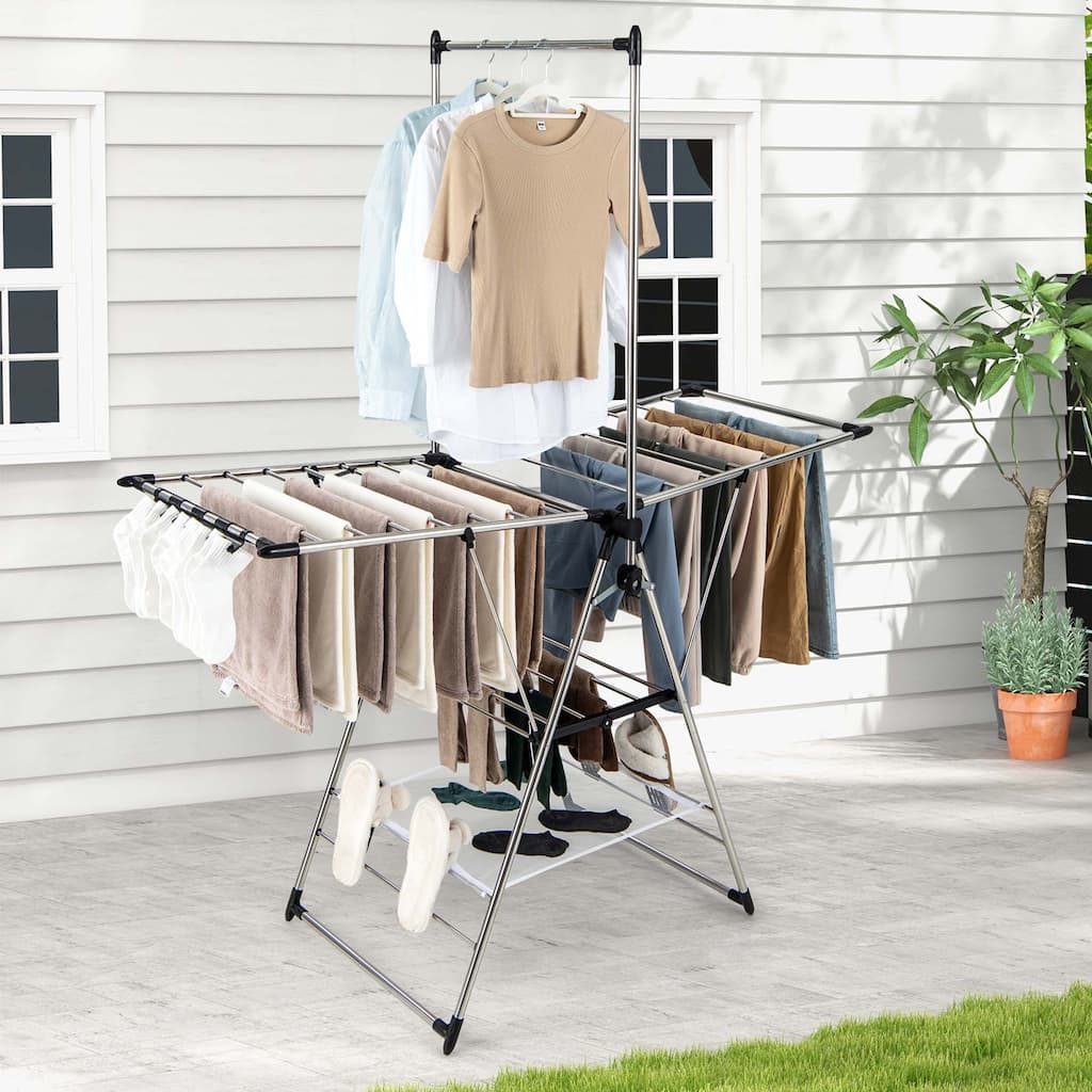 2-Layer Aluminum Foldable Drying Rack w/ 2 Height-adjustable Wings