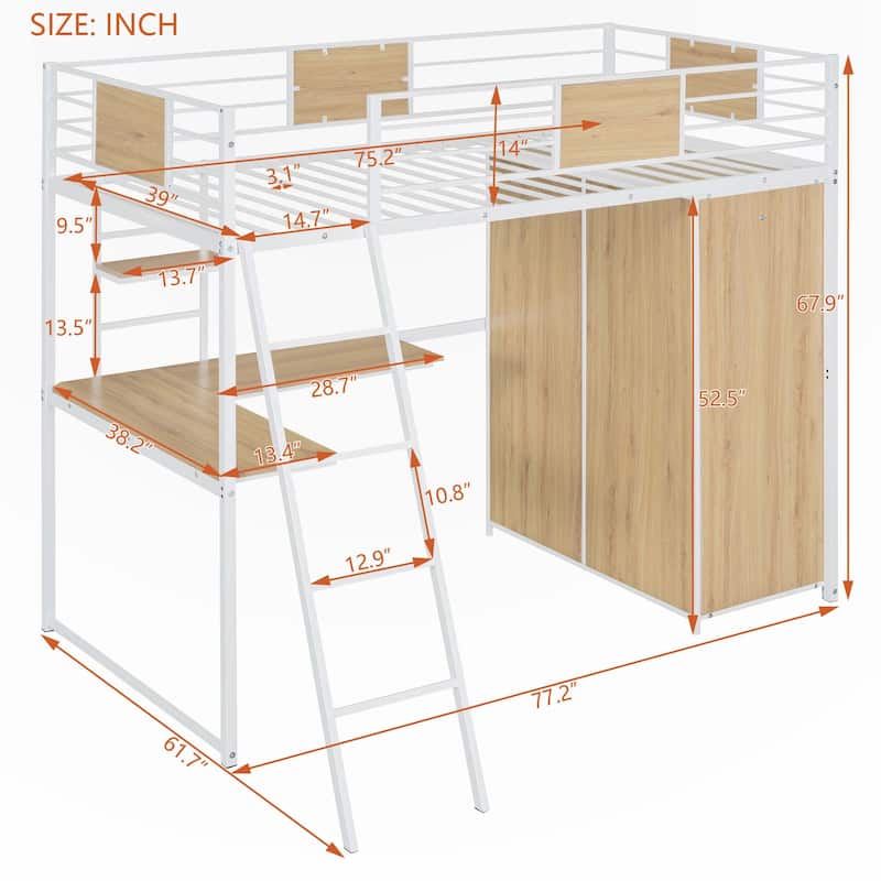 Twin Size Loft bed with L-shape Desk and Wardrobe