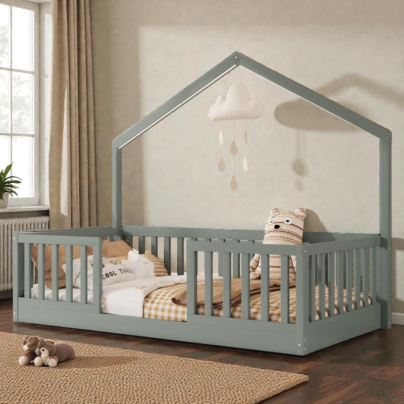 Wood Floor Bed with High Guardrails and LED Light, Montessori Style Low Profile Bed for Kids