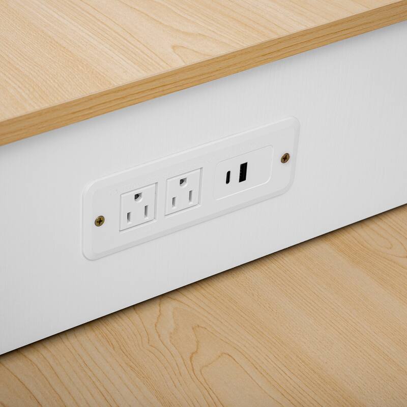 31.5'' Kitchen Island with Extendable Dining Table for 4-6 Person, Power Outlet, Open Shelves and 2 Drawers