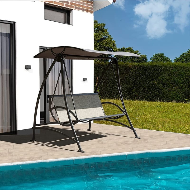 3-Seat Patio Swing Chair with Adjustable Canopy and Durable Steel Frame - Dark Brown