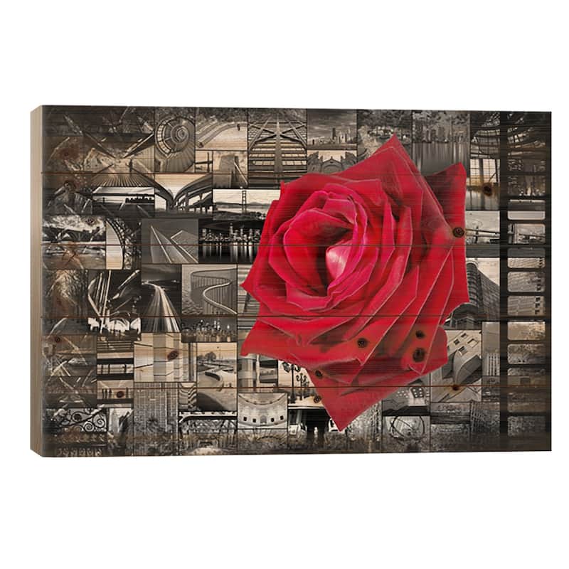 Rose In City Print On Wood by Unknown Artist - Multi-Color - 26x40x1.5
