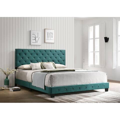 Suffolk Velvet Upholstered Jewel Accent Tufted Nailhead Panel Bed
