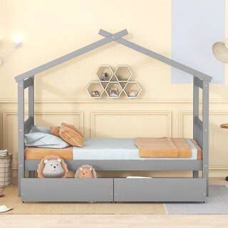 Twin Size Wooden House Bed with 2 Drawers, Headboard & Footboard, Grey