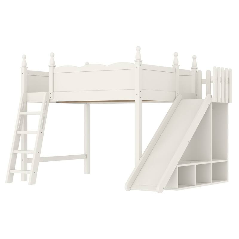 Full Loft Bed with Storage Shelves and Wardrobe, Solid Wood Loft Beds with Detachable Slide and Ladders, No Spring Box Needed