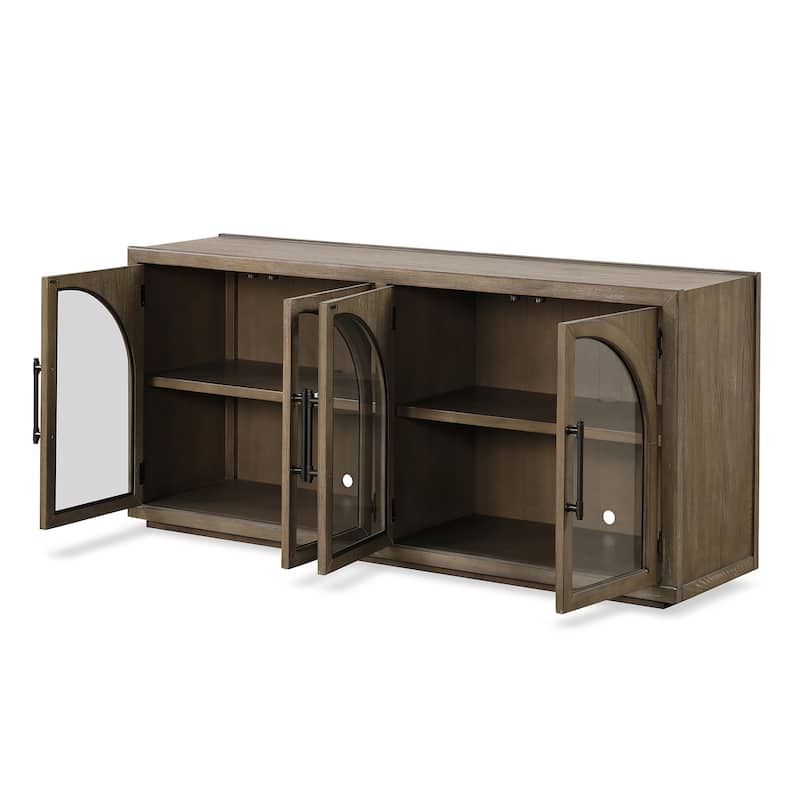 Furniture of America Lenn Modern Farmhouse Oak Wood 4-Door Server with Glass Doors