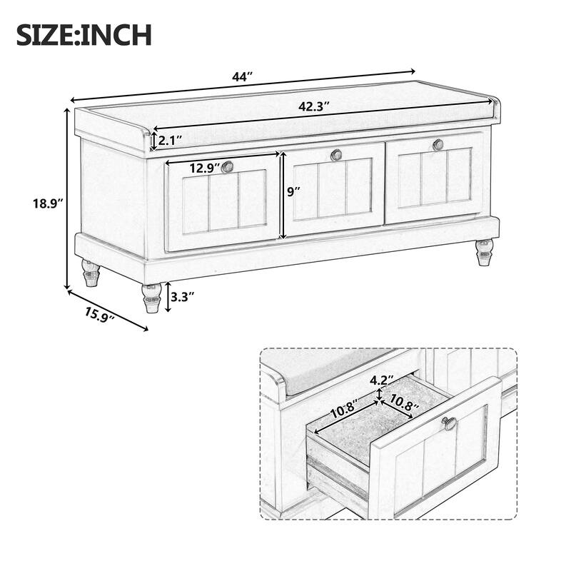 Classic Storage Bench with Cushioned Seat and Three Drawers for Entryway and Living Room