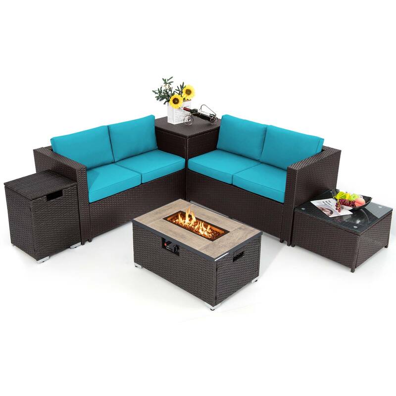 6PCS Patio Rattan Furniture Set 32'' Fire Pit Table Tank Holder Cover