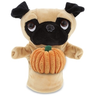 DolliBu Pug Dog Hand Puppet Stuffed Animal with Pumpkin Plush Decor - 10 inches