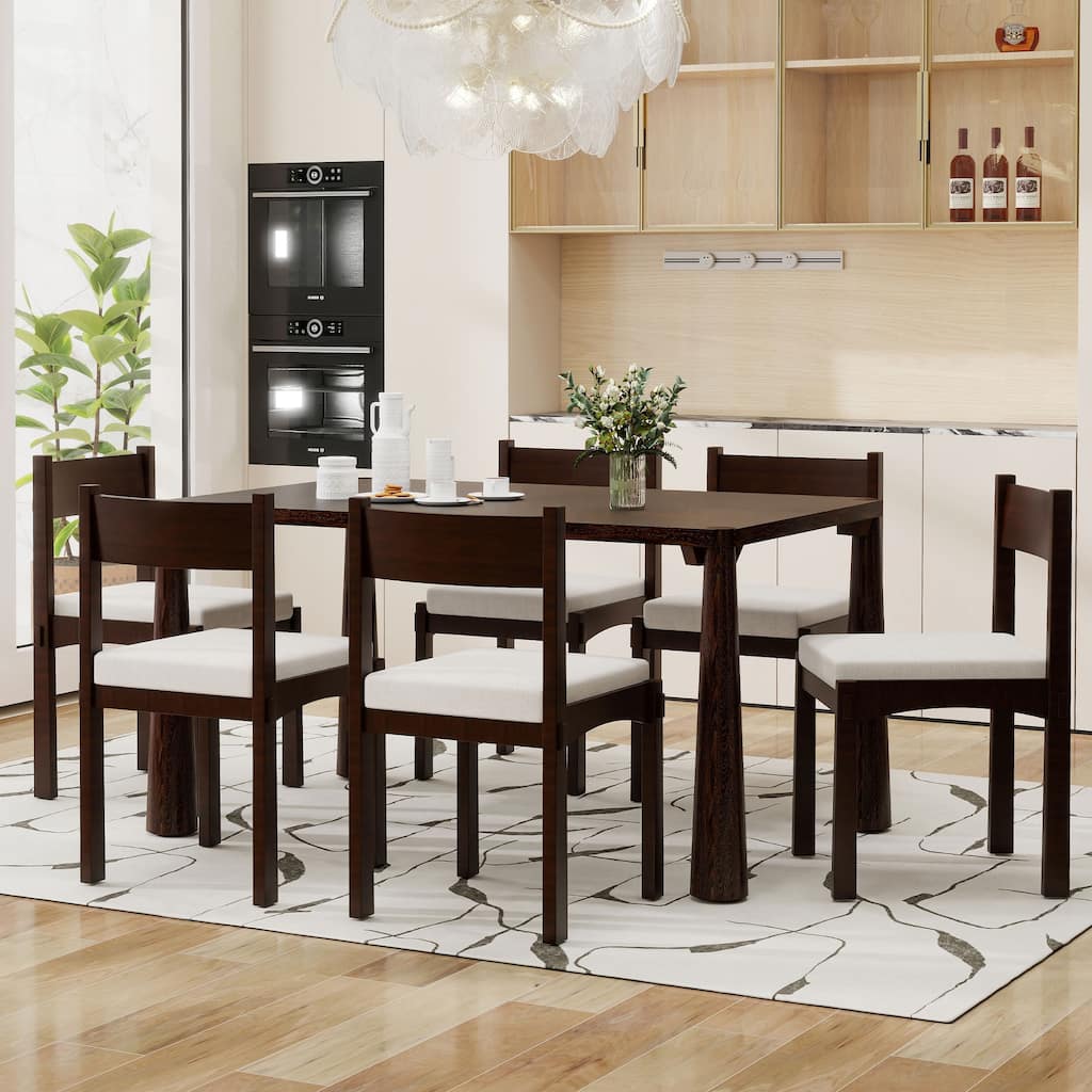 7-Piece, Retro Dining Table Set, Wood Dining Table Set with 6 Chairs, for kitchen and Dining Room, Espresso