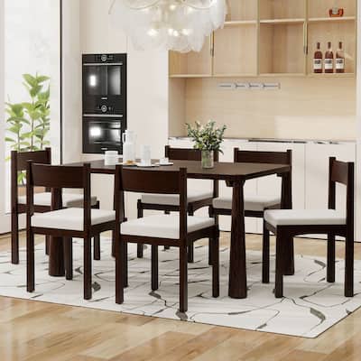 GDFStudio - 7-Piece Wood Rectangular Dining Table Set with 6 Upholstered Chairs