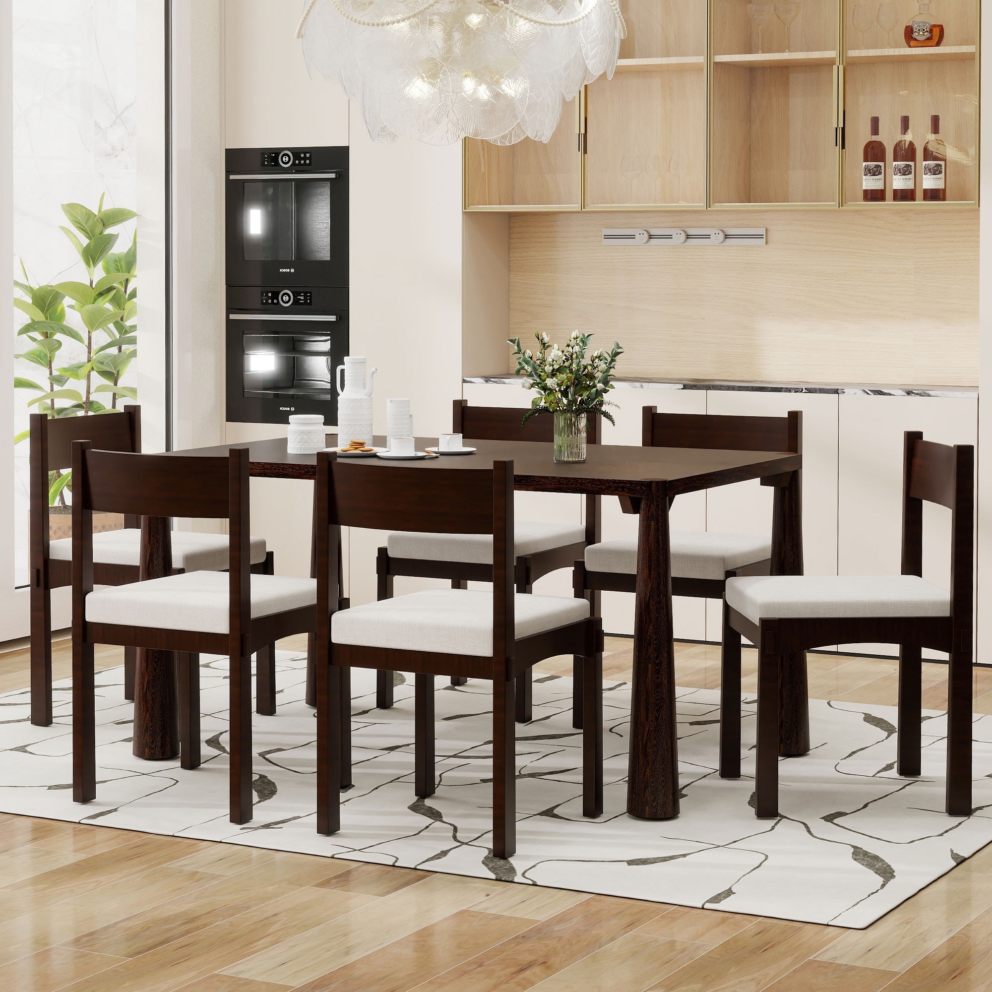 Retro 7-Piece Dining Table Set Wood Dining Chair Set with Upholstered Chairs