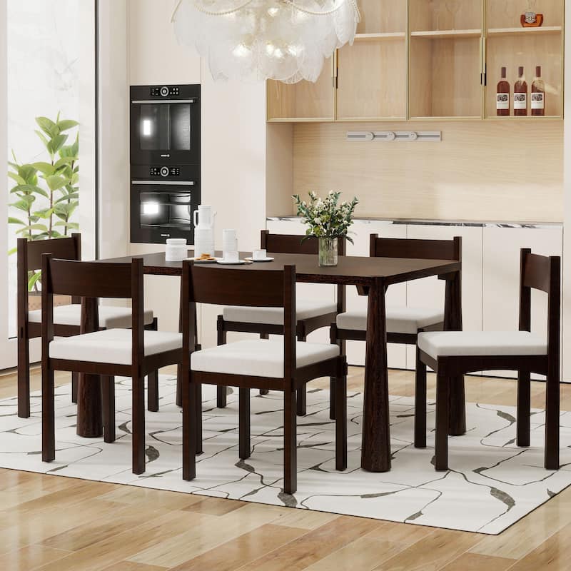 Roomfitters 7-Piece Vintage Wood Dining Set for 6 with Upholstered Chairs, Retro Kitchen or Dining Room Furniture - Espresso