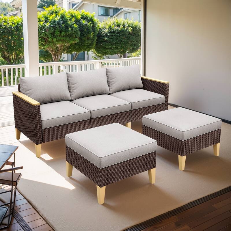 Gymojoy Patio Sofa Set with Ottomans - Brown - Beige
