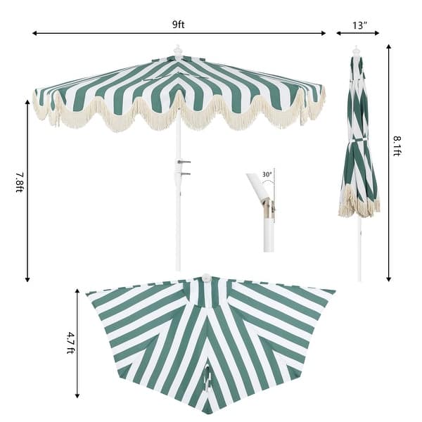 dimension image slide 9 of 12, 9ft Half Market Umbrella, Scalloped, Crank, Tilt, UV, by JONATHAN Y