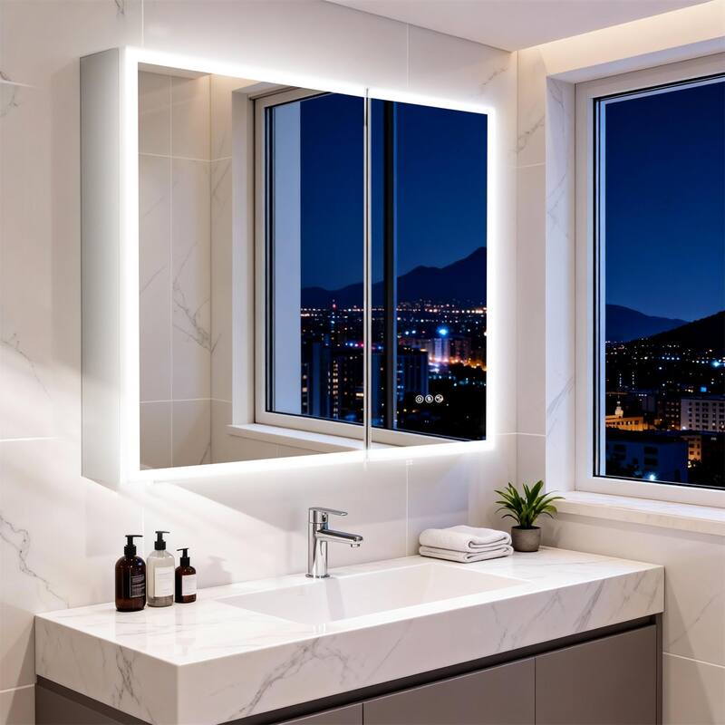 Wall Mounted Medicine Cabinet Bathroom Cabinet Jewelry Organizer with Bluetooth Dual Speakers Adjustable Glass Shelves