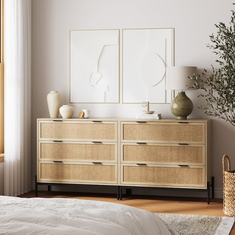 Andrew 3-Drawer Rattan Dresser or Bohemian Living Room Storage Cabinet with Natural Rattan Accent and Metal Legs