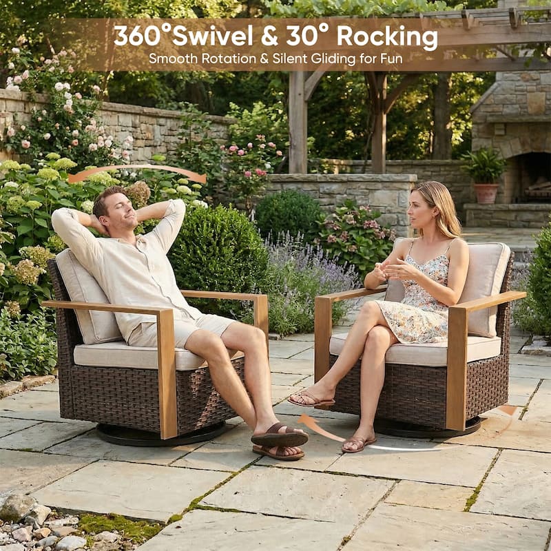 Gymojoy 7 Pieces Patio Sofa with Rattan Swivel Rocking Chair Ottomans Outdoor Conversation Set