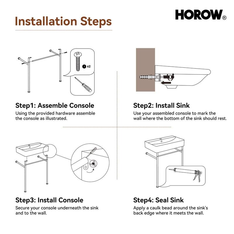 HOROW 24 in. Ceramic White Rectangular Bathroom Console Sink with Golden Legs and Overflow