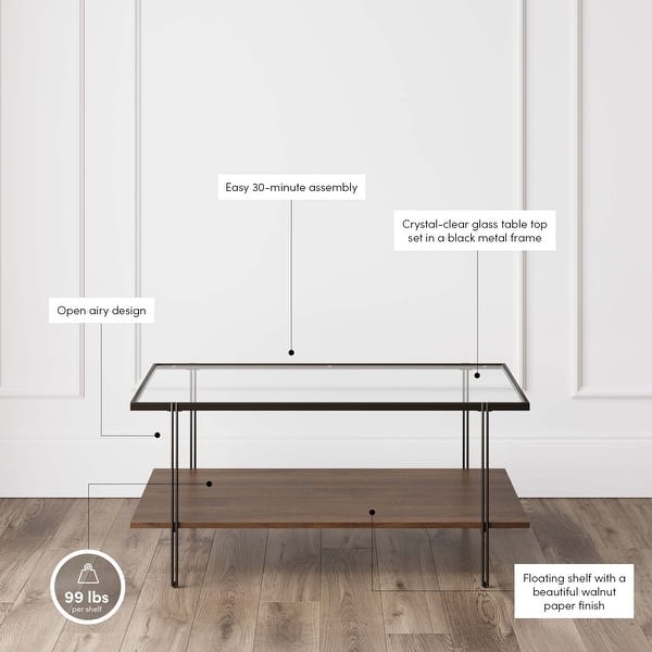 dimension image slide 2 of 3, Nathan James Asher Mid-Century Coffee Table Glass Top Oak Shelf