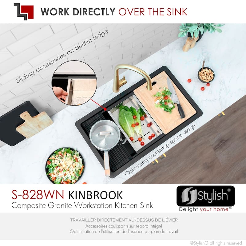 Dual mount 28 inch Black Composite Granite Single Bowl Workstation Kitchen Sink