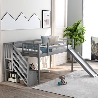Modern Pine Wood Twin Size Low Loft Bed with Full Length Safety ...