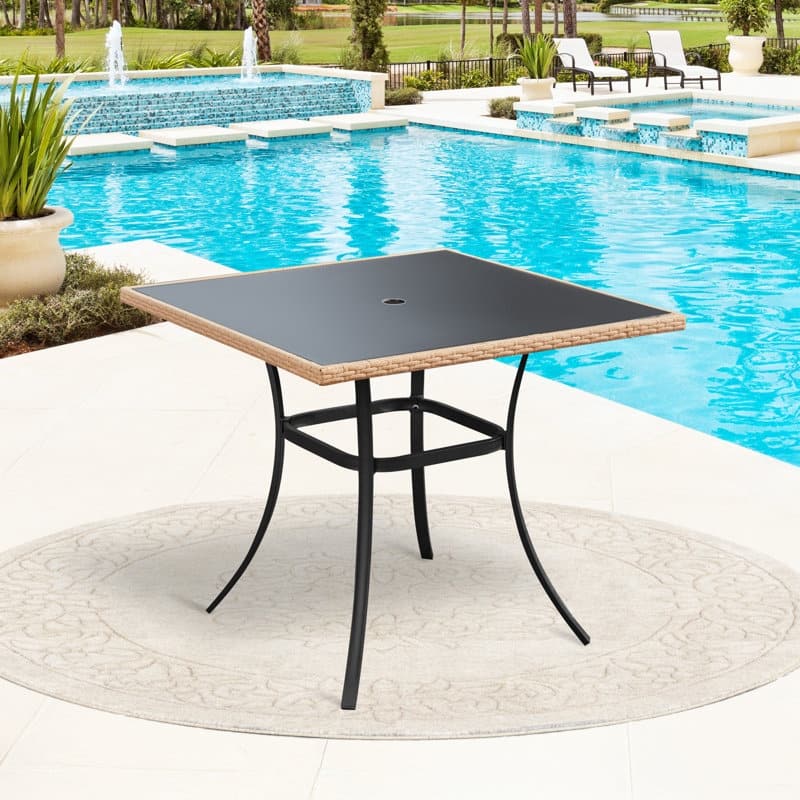 35" Square/Round Outdoor Dining Table - All-Weather Wicker Patio Table with Tempered Glass Top & Iron Frame for Balcony