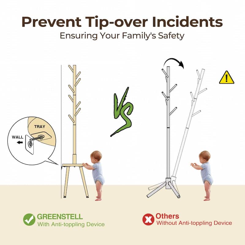 Coat Rack, Wooden Coat Rack Freestanding with Shelf, Coat Tree with 4 Height Options 50.5"-72.6"Hanger Stand