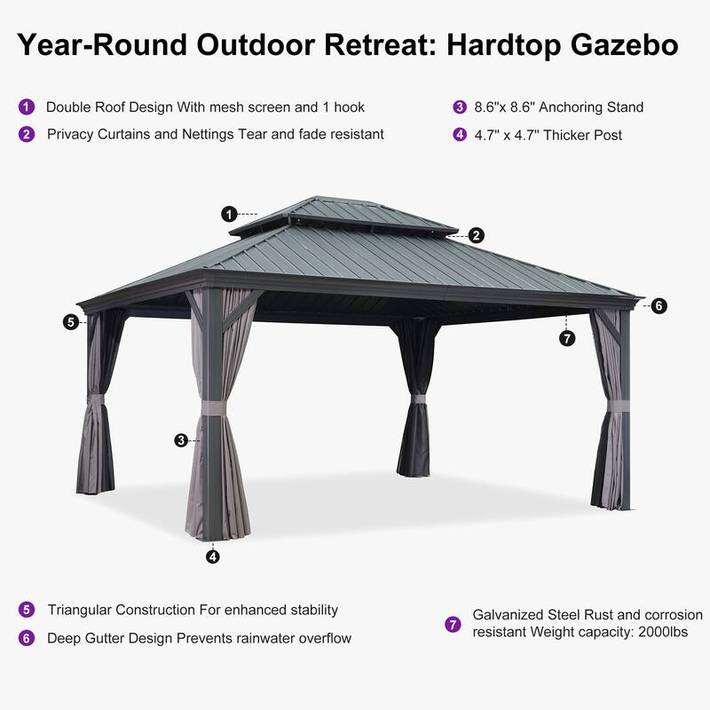 PURPLE LEAF Outdoor Galvanized Steel Hardtop Gazebo, Aluminum Frame Gazebo With Curtains