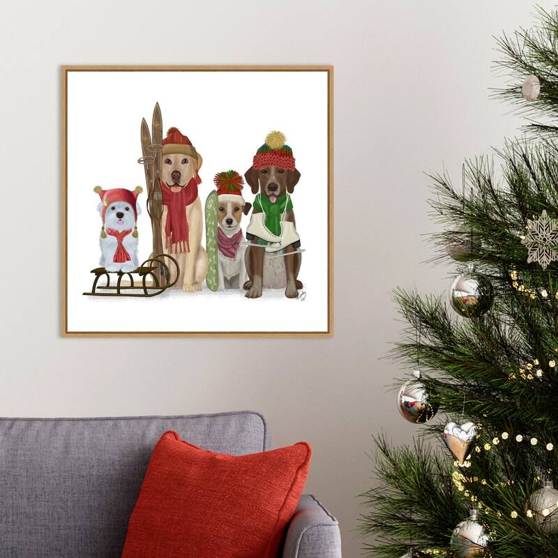 Christmas Dogs Winter Sports Fans by Fab Funky Framed Canvas Wall Art
