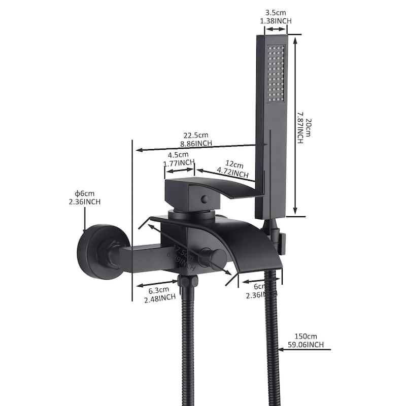 Waterfall Wall-mount Bath Tub Filler Faucet with Handheld Shower matte black - 8' x 10'
