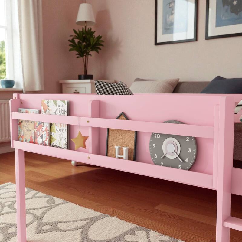 Low Twin Over Twin Floor Bunk Bed with Ladder and Shelf, Solid Wood Convertible Bunk Bed for Kids and Juniors