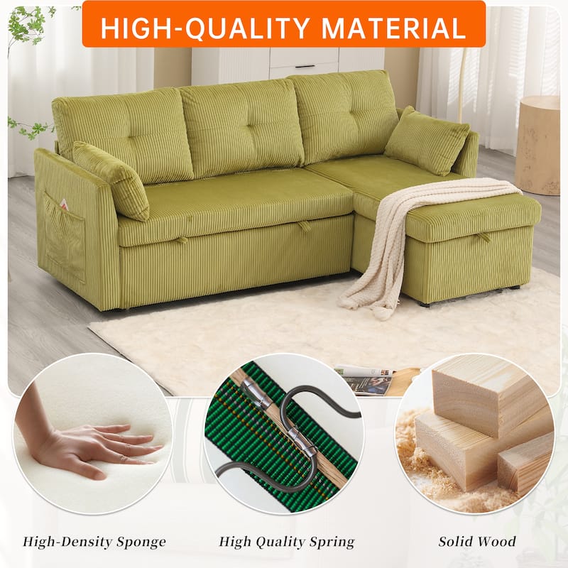 Corduroy/Chenille Upholstered L-Shaped Storage Reversible Chaise Sectional Sofa with Side Pocket