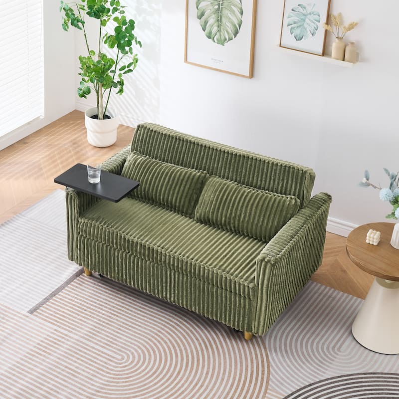The Pull-Out And Push-In Corduroy Sofa With Dual Functions,Equipped With A Movable Tabletop And Usb Ports,Is Suitable