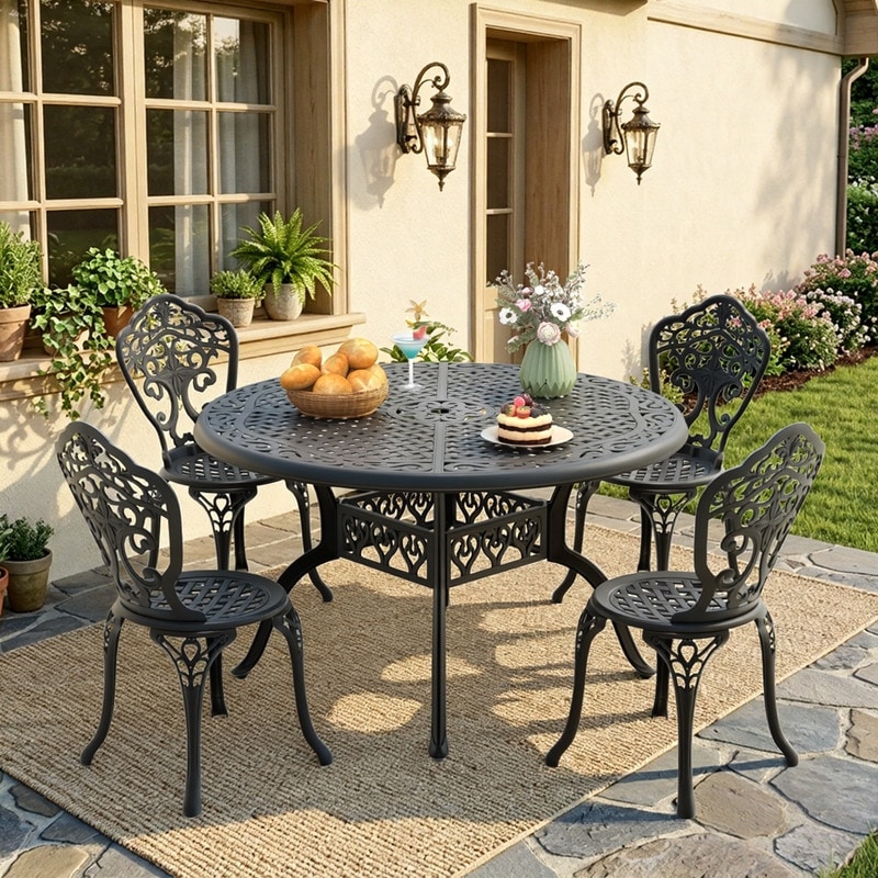 5 Piece Black Cast Aluminum Bistro Set,4 Chairs and 48.03 Inch Round Table with Umbrella Hole for Patio or Deck