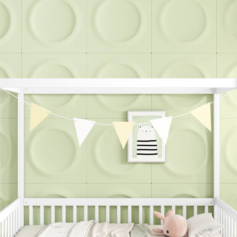 Twin Size Canopy Frame Floor Bed with Fence and Guardrails in White