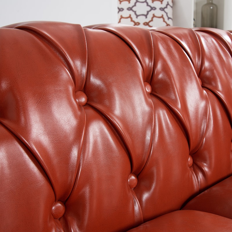 Chesterfield PU Leather 3 Seater Sofa, Button Tufted Deep Seat Sofa, Upholstered Sofa with Rolled Arms & Nailhead Trim