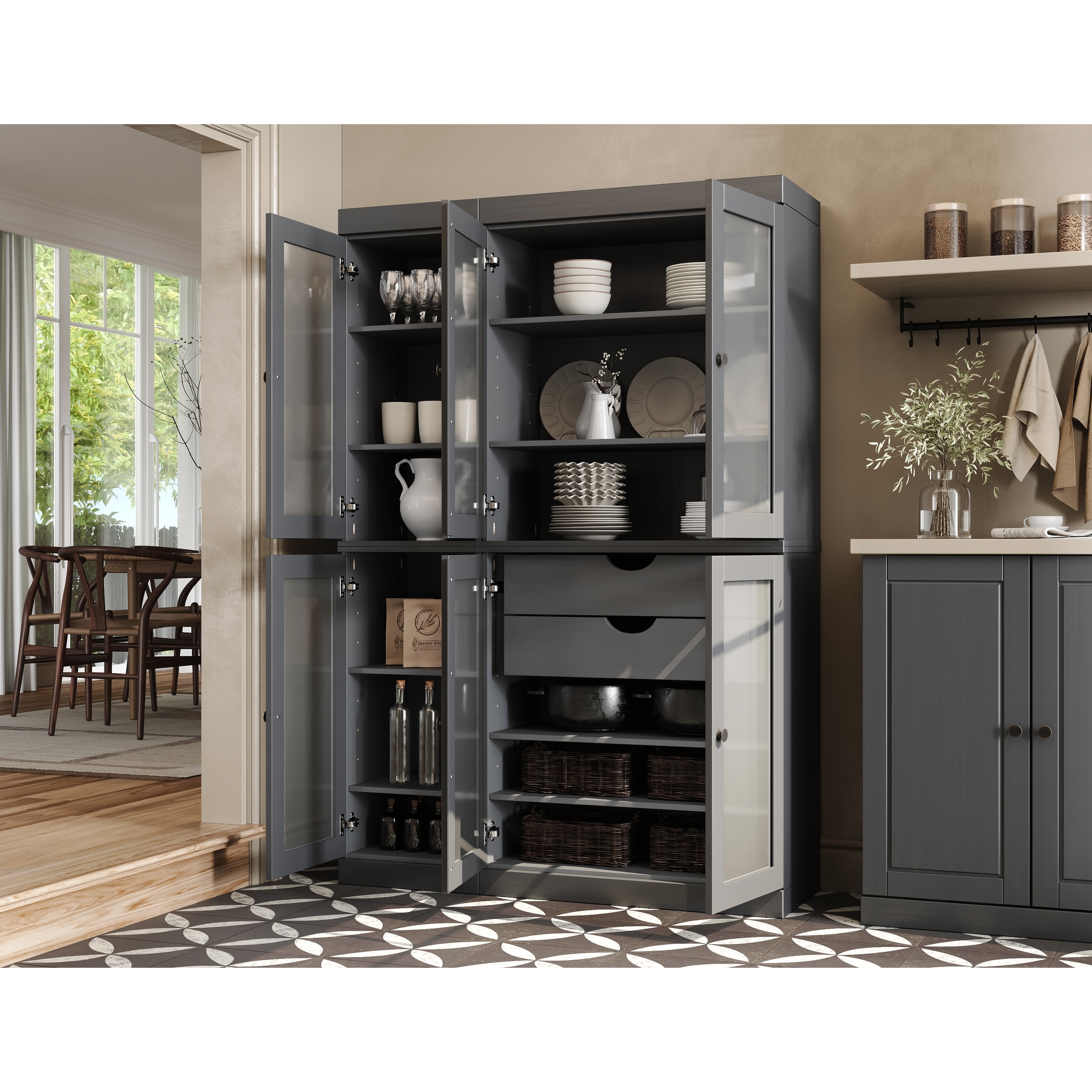 100% Solid Wood 48.5" Pantry Cabinet with Frosted Glass Doors and 2-Drawers