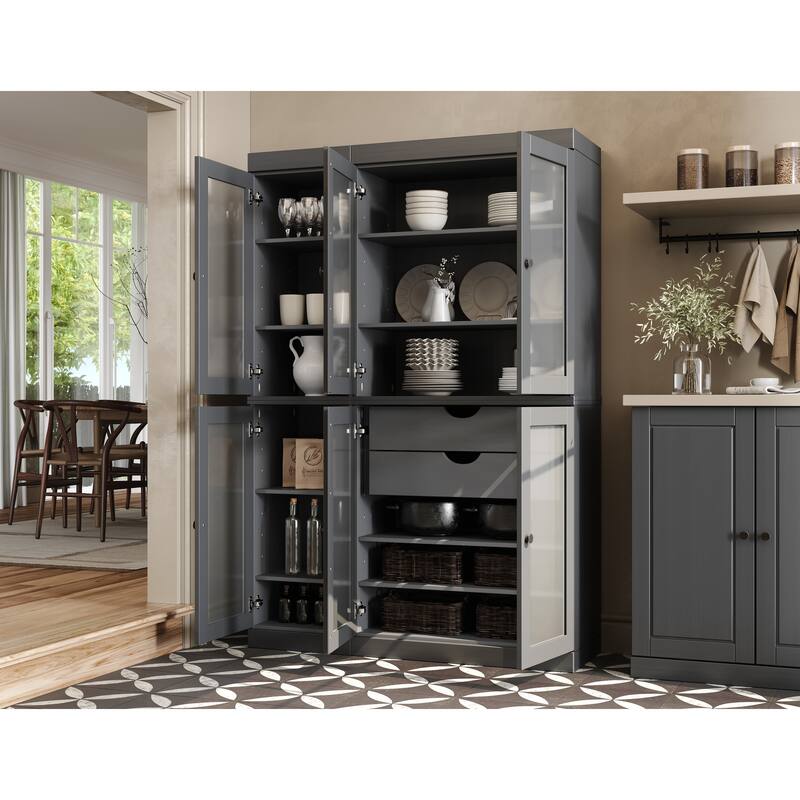 100% Solid Wood 48.5" Pantry Cabinet with Frosted Glass Doors and 2-Drawers - Gray