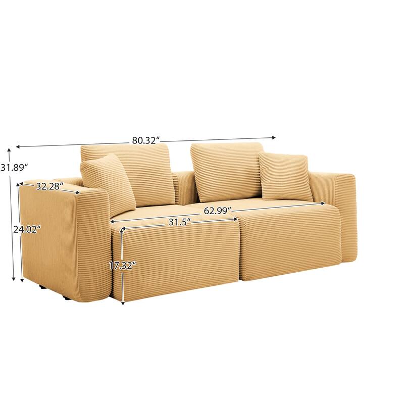 Corduroy Sectional Modular Sofa with Square Arms & Ottoman Extension for Flexible Arrangements