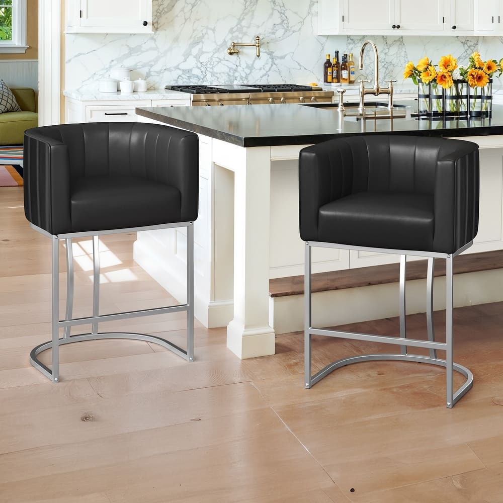 Modern 26.in Low Back Counter Height Barstools Upholstered/PU Leather Barrel Set of 2 Bar Stools with Metal Frame