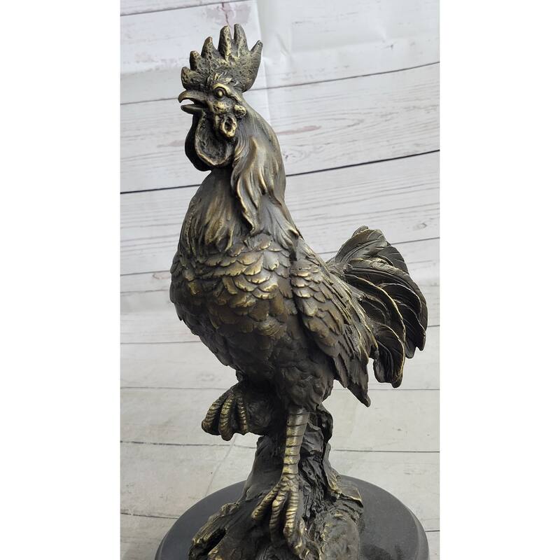 Rooster Chicken Farm Bronze Sculpture Statue Figure On Marble Base Signed Art Decor