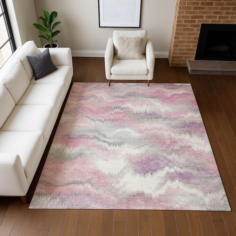 Machine Washable Indoor/ Outdoor Abstract Watercolor Chantille Rug
