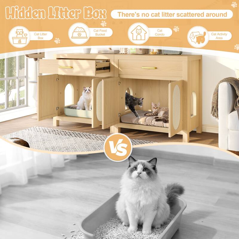 Cat Litter Box Enclosure, Hidden Cat Litter Box Furniture with Scratching Board Doors and Storage Drawer