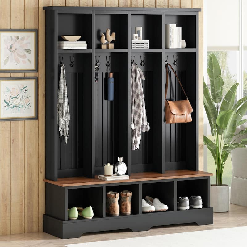 Farmhouse 59" Wide Hall Tree with 8 Hooks - Modern 3-in-1 Entryway Bench