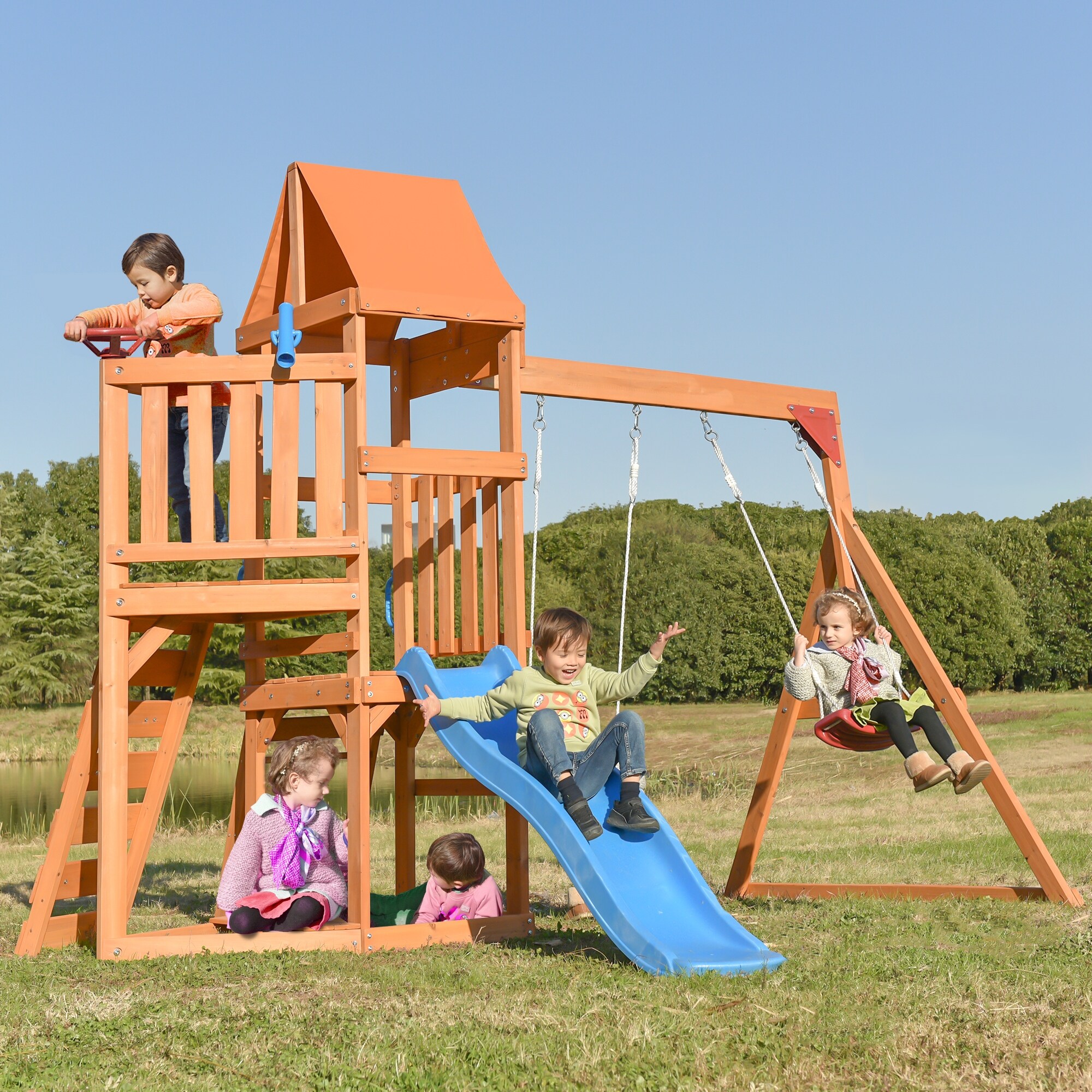 Wooden Swing Set with Slide, Climbing wall, Sandbox and Wood Roof