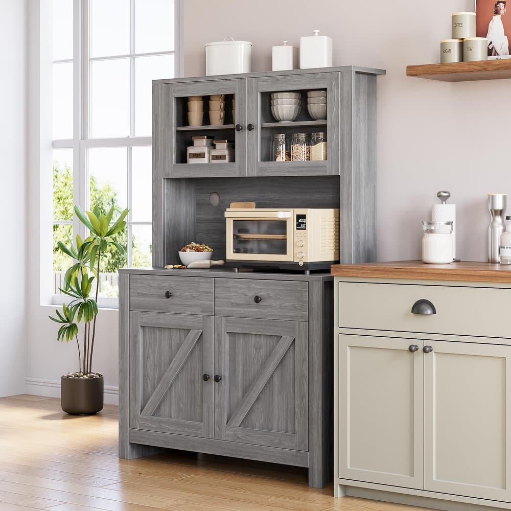 Kitchen Pantry Storage Cabinet with Microwave Stand & Coffee Bar Cabinet,Freestanding Hutch Cabinet with 4 Doors