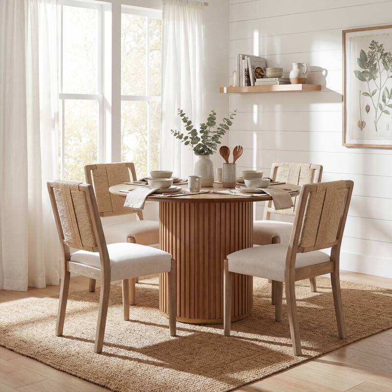Christopher Knight Home - Modern 5 Piece Wooden Dining Set with Woven Back Upholstered Chairs